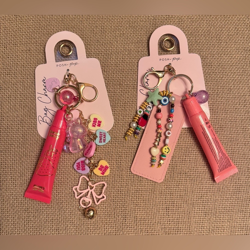 POSH.Pop. Pink Kids Lip Gloss "Peach" ,Strawberry Charm Keychain